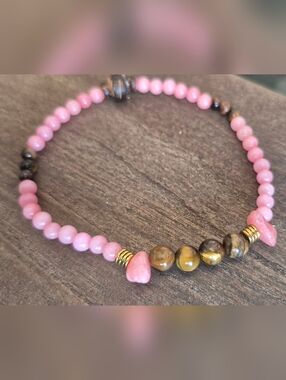 Natural Pink Jade And Tigers Eye Handmade Braclet!